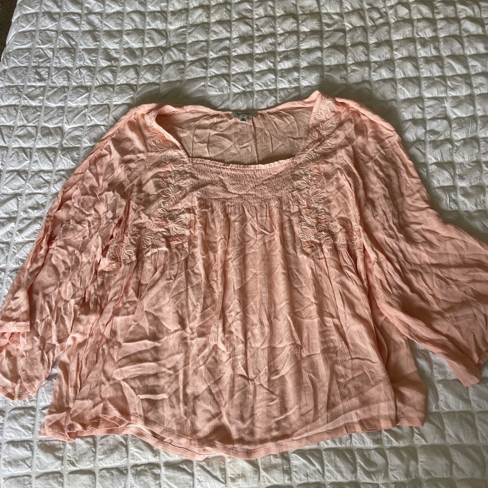 Haute Hippie Pink Floral Embroidered Ruched 3/4 Sleeve Blouse